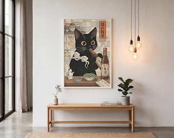 Noodle Cat Ramen Poster – Retro Japanese Black Cat Wall Art