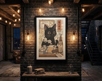 Noodle Cat Ramen Poster – Retro Japanese Black Cat Art Print Cafe Wall Hanging