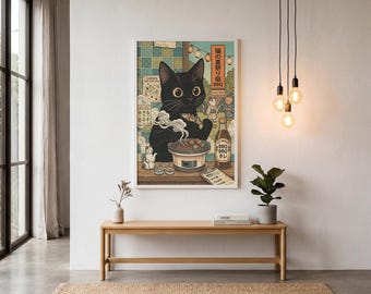 Noodle Cat Retro Ramen Poster – Japanese Black Cat BBQ Art Print