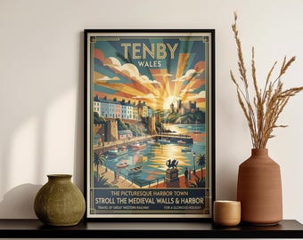 Vintage Tenby Wales Travel Poster – Retro Seaside Wall Art Print