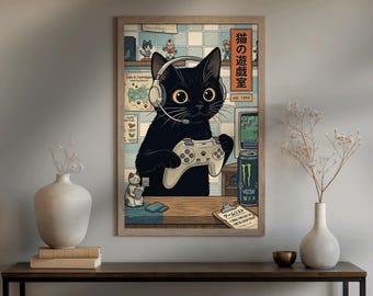 Retro Gaming Black Cat Poster – Japanese Ramen Cafe Wall Art (Digital Print)