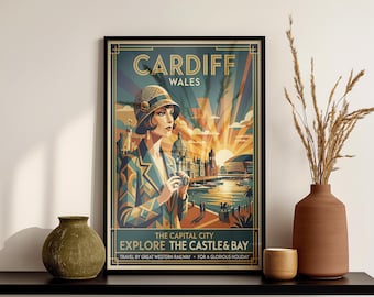 Vintage Cardiff Wales Travel Poster – Retro Art Print, Wall Hanging