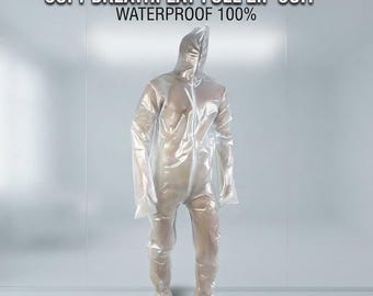 Tuta Breathplay unisex in PVC trasparente, morbida e con cerniera intera – Impermeabile al 100%