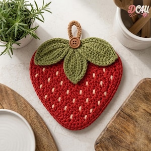 Strawberry Potholder Crochet Pattern PDF, Farmhouse Fruit Trivet, Hangable Kitchen Decor, Beginner-