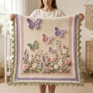 May include: A rectangular crochet blanket in cream yarn featuring a garden scene with three-dimensional floral appliques in pink, white, and green. Four crocheted butterflies in shades of purple and pink are attached to the upper section.