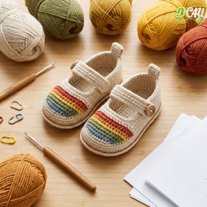 May include: A pair of beige crochet baby shoes featuring a rainbow-colored toe section and a single wooden button strap. The shoes are surrounded by several balls of yarn in various colors, two crochet hooks, stitch markers, and white paper.