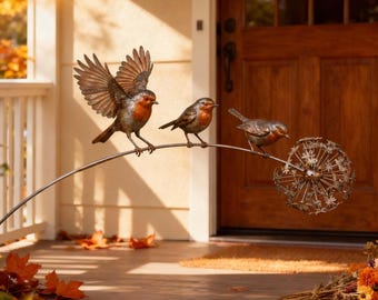 Metal Birds on Dandelion Garden Stake | Whimsical Metal Yard Art Sculpture | Realistic Robin Bird Garden Ornament | Gift for Garden Lovers