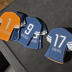 Puede incluir: Una colección de pequeños dijes planos con forma de camiseta en naranja y azul. El dije naranja presenta el número 1 y el nombre ATTERMANN. Los dijes azules presentan los números 9 y 17 con los nombres KAISER y FREVEL impresos en blanco.