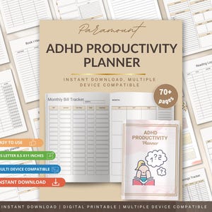 Puede incluir: Un planificador de productividad TDAH digital con una cubierta beige que muestra el texto Paramount ADHD PRODUCTIVITY PLANNER. El conjunto incluye más de 70 páginas de plantillas como un rastreador de facturas mensual, registro de lectura y horario.