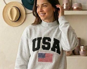 USA Mock Neck Sweatshirt, Patriotic Embroidered Crewneck, American Flag Sweatshirt, Varsity Style Pullover, Unisex USA Gift