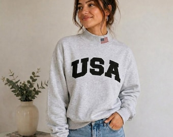 Mock Neck Sweatshirt USA , Patriotic Embroidered Crewneck, American Flag Sweatshirt, Varsity Style Pullover, Unisex USA Gift