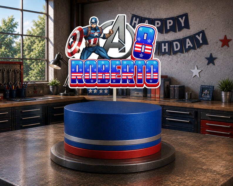 May include: A cake topper featuring Captain America, a large letter A, the number 8, and the name ROBERTO in red, white, and blue. The design includes star patterns and is mounted on a blue, silver, and red cylindrical cake base on a dark stand.