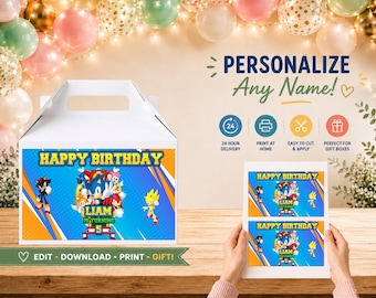 Design de caixa de presente de aniversário personalizada do Sonic (arquivo digital)