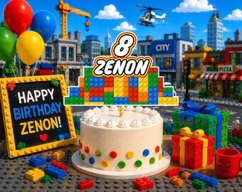 Block Building Birthday Cake Topper : Party Banner & Stickers --- Digital File ---