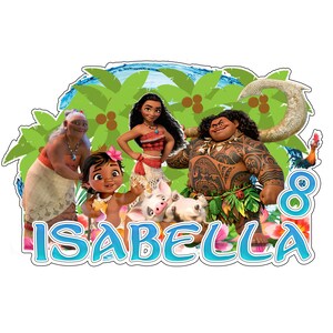 May include: A decorative graphic featuring characters from the movie Moana, including Moana, Maui, Pua, Heihei, and Grandma Tala, set against a tropical palm tree background with the name ISABELLA and the number 8 in large blue letters.