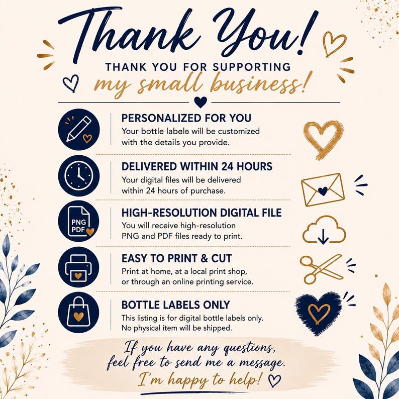 May include: A digital information graphic with a cream background, navy blue and gold text, and heart icons. It lists service details: personalized labels, 24-hour delivery, high-resolution PNG and PDF files, easy printing, and digital-only delivery.