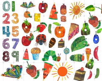 Pacote de imagens PNG da Lagarta Muito Faminta, com números e imagens de aniversário (Download Digital)