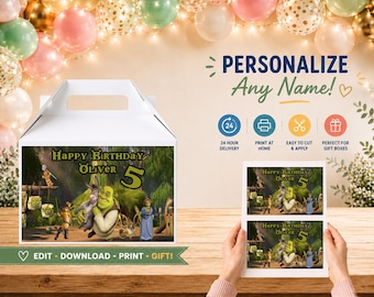 Design de caixa de presente de aniversário personalizada do Shrek (arquivo digital)