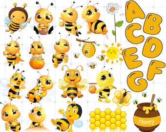 Pacote de imagens PNG de abelhinhas, fonte e clipart de aniversário em PNG (download digital)
