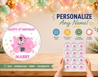 Adesivo de aniversário da Minnie Mouse: Lembrancinha de festa --- Arquivo digital ---