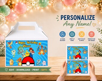 Design de caixa de presente de aniversário personalizada com tema de Pokémon (arquivo digital)