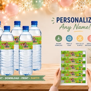 May include: Five clear plastic water bottles with green labels featuring a farm theme, the text HAPPY BIRTHDAY, and the name ROBERTO. A sheet of five identical printable labels is shown to the right with icons for instant download and printing.