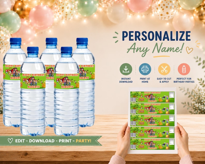 May include: Five clear plastic water bottles with green labels featuring a farm theme, the text HAPPY BIRTHDAY, and the name ROBERTO. A sheet of five identical printable labels is shown to the right with icons for instant download and printing.
