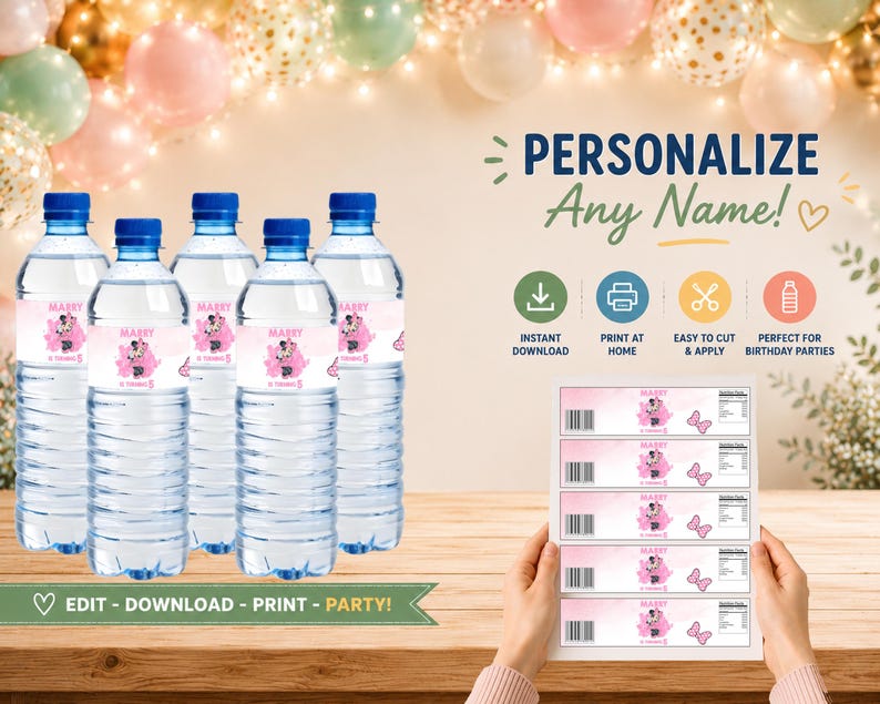 May include: Five clear plastic water bottles with pink labels featuring a cartoon mouse and the text MARRY, alongside a printed sheet of five identical labels. The labels include a barcode, nutritional facts, and a pink bow graphic design.