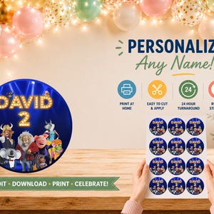May include: A digital file for round stickers featuring the animated characters from Sing, with the text DAVID 2 in a marquee light style. The design includes a blue background and a sheet of twelve circular labels ready for printing at home.