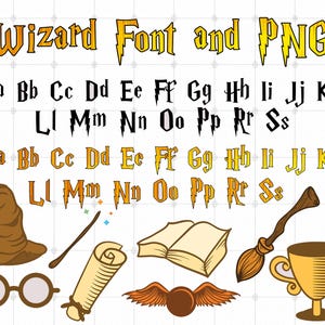 May include: A digital graphic set featuring the text Wizard Font and PNG in yellow with lightning bolt accents. It includes two complete alphabets in black and yellow, plus illustrations of a brown hat, wand, scroll, book, broom, glasses, wings, and a gold trophy.