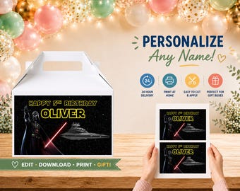 Design de caixa de presente de aniversário personalizada com tema Star Wars (arquivo digital)