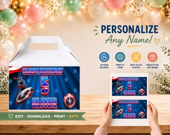 Caixa de presente de aniversário do Capitão América | Lembrancinha de festa personalizada (Arquivo digital)
