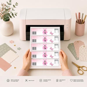 May include: A sheet of five rectangular labels featuring a pink watercolor background, a Minnie Mouse graphic, a barcode, and a nutrition facts panel. The text on the labels reads MARRY and 5 THINGS.