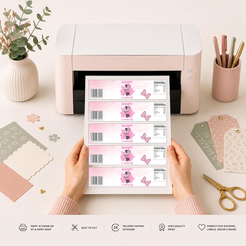 May include: A sheet of five rectangular labels featuring a pink watercolor background, a Minnie Mouse graphic, a barcode, and a nutrition facts panel. The text on the labels reads MARRY and 5 THINGS.