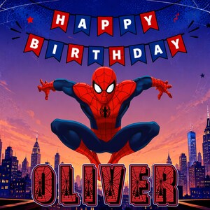 Pu&ograve; includere: Uno sfondo per compleanno con il personaggio di Spider-Man in rosso e blu in posa accovacciata davanti a uno skyline cittadino al tramonto. Sopra, bandierine rosse e blu compongono HAPPY BIRTHDAY. Sotto, il nome OLIVER in grandi lettere rosse.