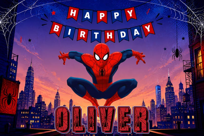 Pu&ograve; includere: Uno sfondo per compleanno con il personaggio di Spider-Man in rosso e blu in posa accovacciata davanti a uno skyline cittadino al tramonto. Sopra, bandierine rosse e blu compongono HAPPY BIRTHDAY. Sotto, il nome OLIVER in grandi lettere rosse.