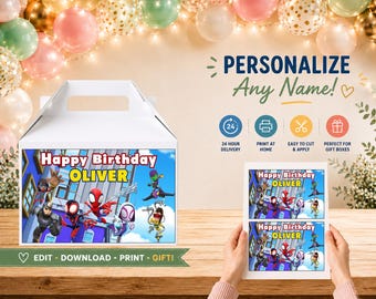 Design de caixa de presente de aniversário personalizada do Homem-Aranha (arquivo digital)