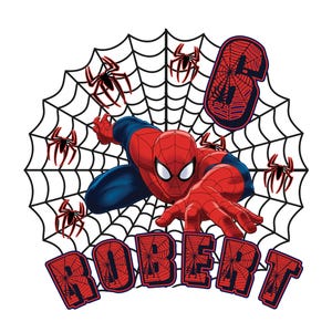 May include: A graphic design featuring a red and blue superhero character in a crouching pose centered over a black spiderweb. The number 6 and the name ROBERT are written in red block letters with spiderweb patterns and dark blue outlines.