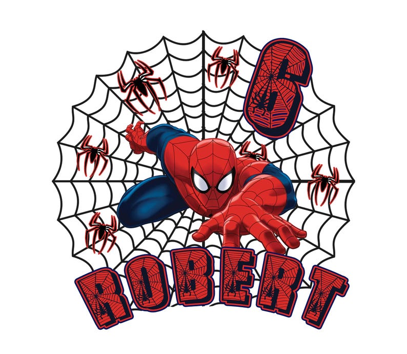 May include: A graphic design featuring a red and blue superhero character in a crouching pose centered over a black spiderweb. The number 6 and the name ROBERT are written in red block letters with spiderweb patterns and dark blue outlines.