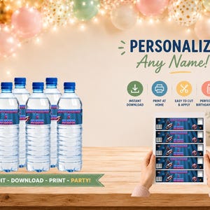 May include: Six clear plastic water bottles with blue caps and custom labels featuring a superhero shield graphic and text. A printed sheet with five identical labels is displayed, showing instructions for instant download, printing, and cutting.