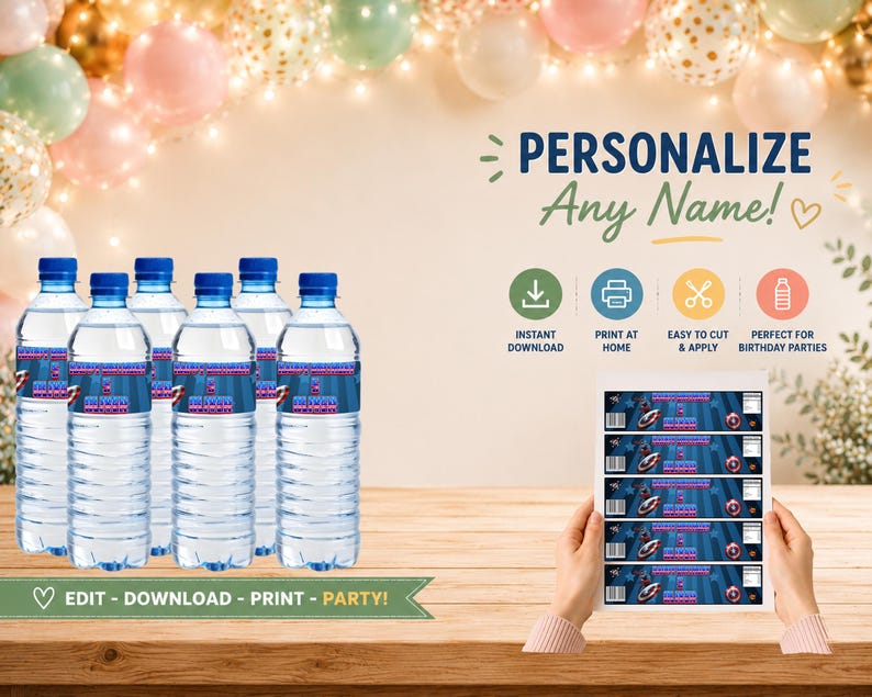 May include: Six clear plastic water bottles with blue caps and custom labels featuring a superhero shield graphic and text. A printed sheet with five identical labels is displayed, showing instructions for instant download, printing, and cutting.