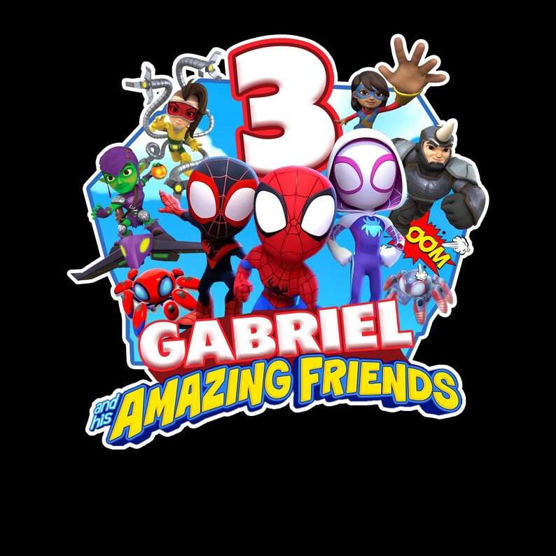 May include: A graphic design featuring a large white number 3, the name Gabriel, and the text and his AMAZING FRIENDS. The image includes animated characters like Spider-Man, Ghost-Spider, and other figures in red, blue, purple, and green colors.