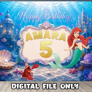 May include: A rectangular backdrop featuring an underwater scene with a mermaid, a red crab, and a large central frame containing the text Happy Birthday, AMARA, and the number 5. The background includes coral, a pearl in a shell, and a castle.