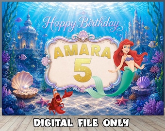 Little Mermaid Birthday Backdrop : Party Banner & Background --- Digital File ---