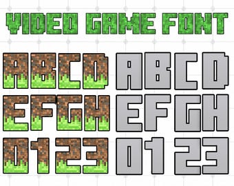 May include: A digital graphic displaying the text VIDEO GAME FONT at the top. Below are two sets of characters: one set features letters A through H and numbers 0 through 3 with a brown dirt and green grass pixelated texture, and a matching grey set.