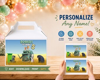 Design de caixa de presente de aniversário personalizada com caminhão de lixo (arquivo digital)