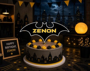 Decorazione per torta di compleanno a forma di pipistrello: striscione e adesivi per feste, logo con nome --- File digitale ---