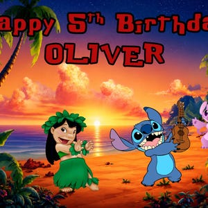 May include: A digital print featuring a tropical beach sunset with palm trees, Lilo, Stitch playing a ukulele, and Angel. The text reads Happy 5th Birthday OLIVER in bold red letters against the sky. The scene includes vibrant orange and blue hues.