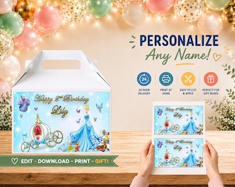 Design de caixa de presente personalizada para aniversário da Cinderela (arquivo digital)