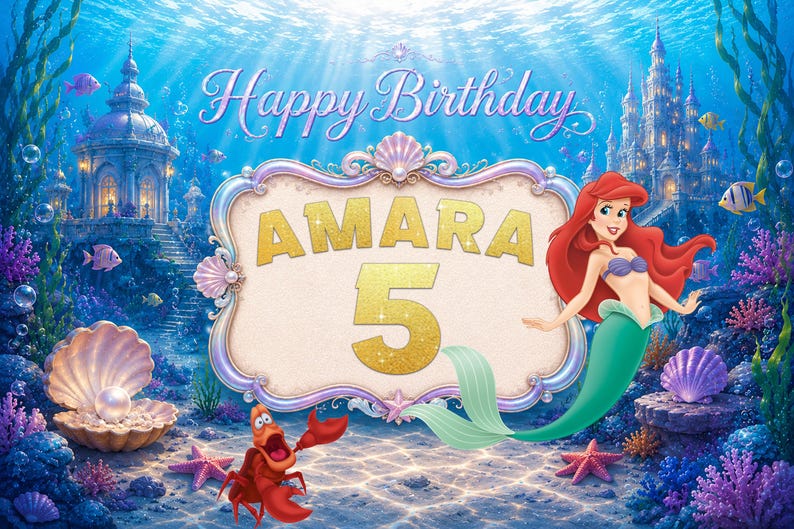 Little Mermaid Birthday Backdrop : Party Banner & Background --- Digital File --- image 2